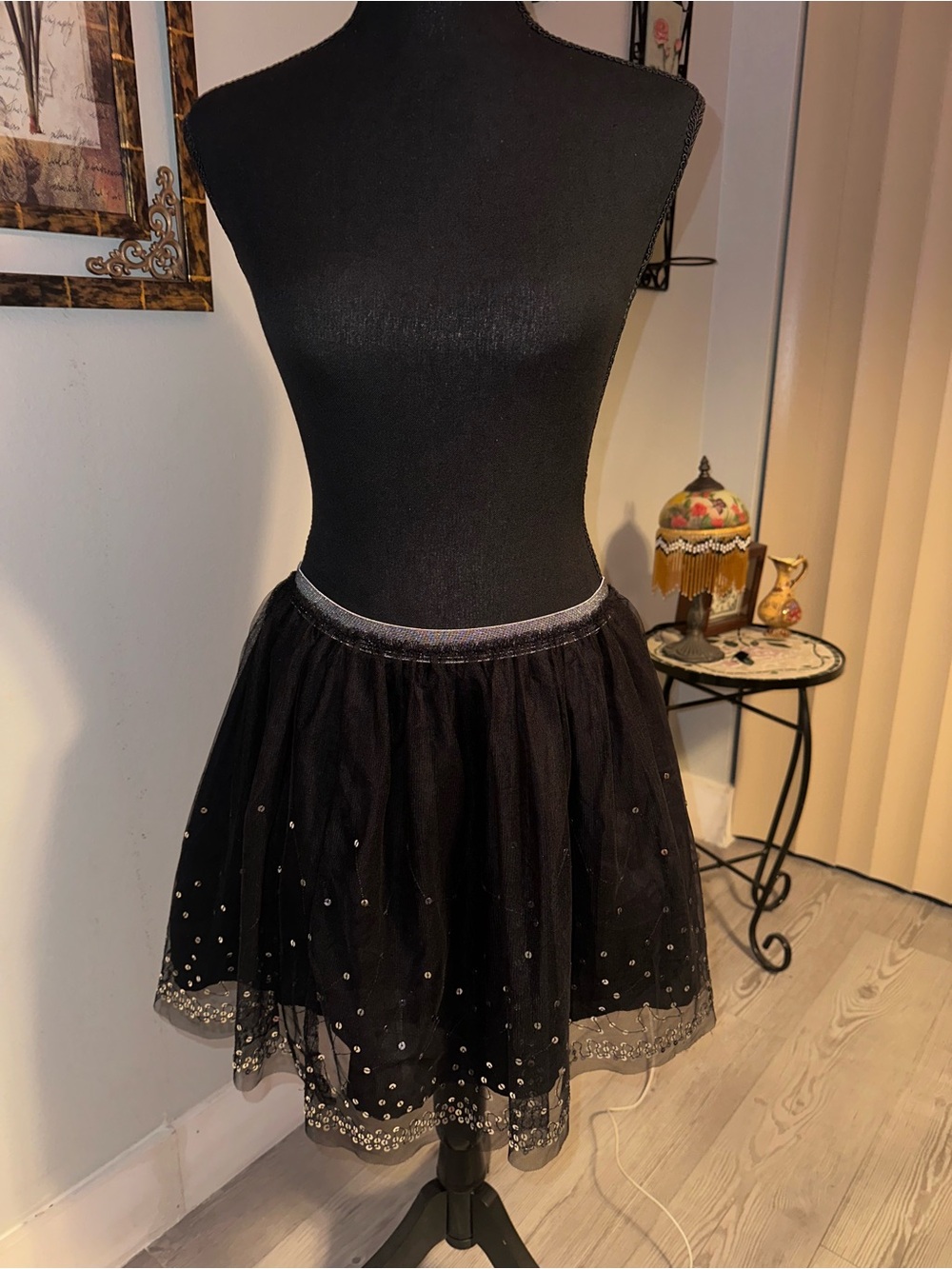 GAP Kids XL Black Sequin Tulle Tutu Skater Skirt, Silver Elastic Waistband